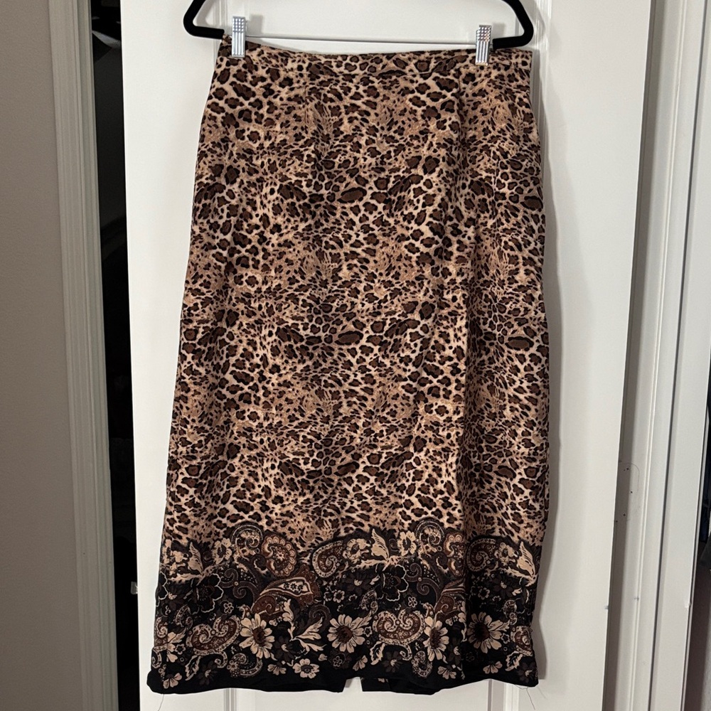 Kim Rogers Brown Leopard Print Midi Skirt